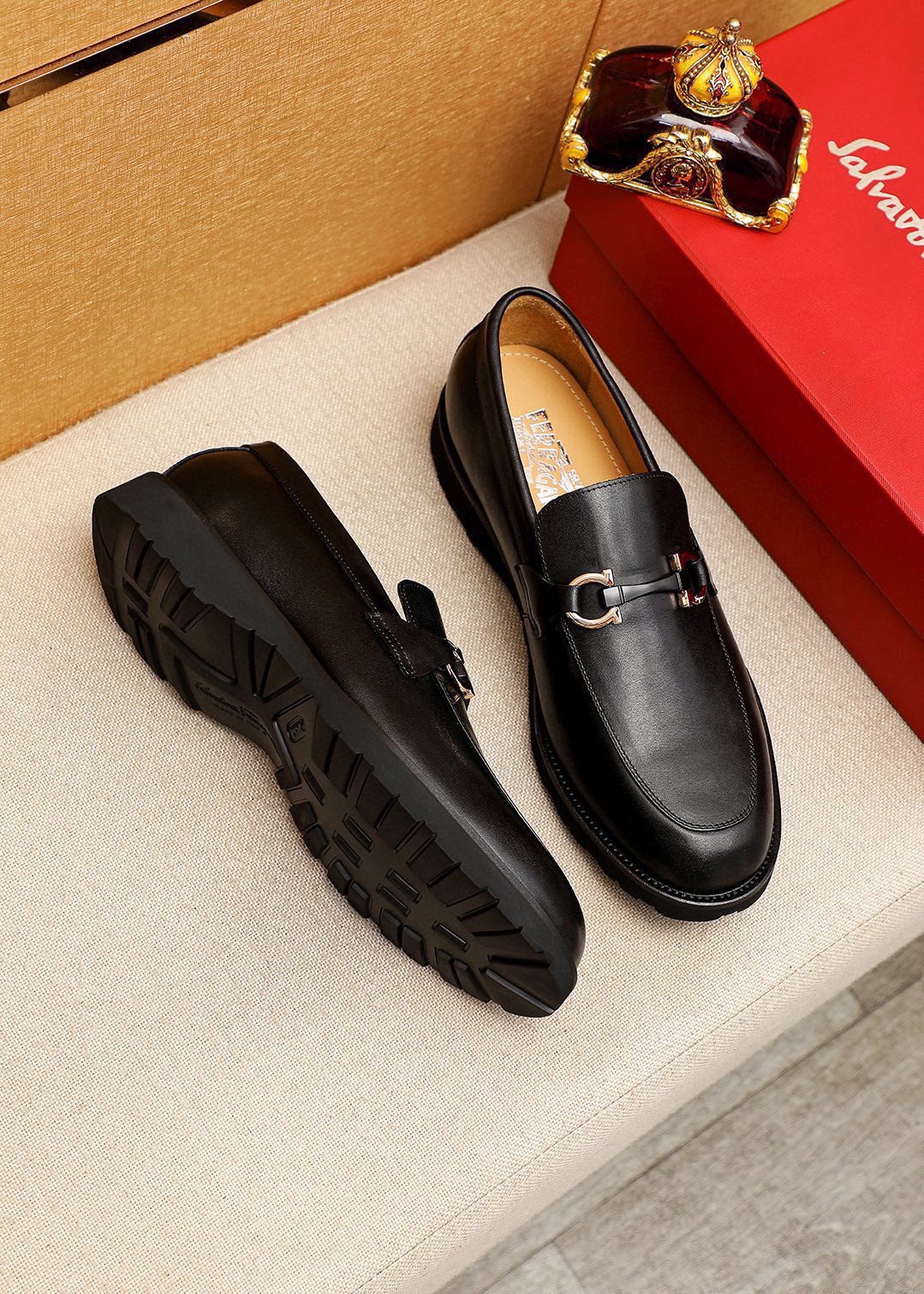 Ferragamo Black Buckle Loafers — front