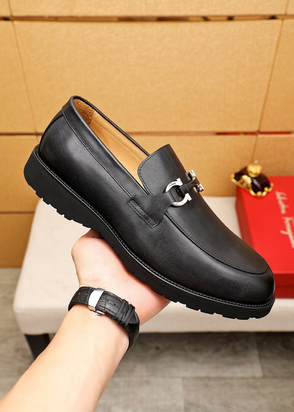 Ferragamo Black Buckle Loafers — model