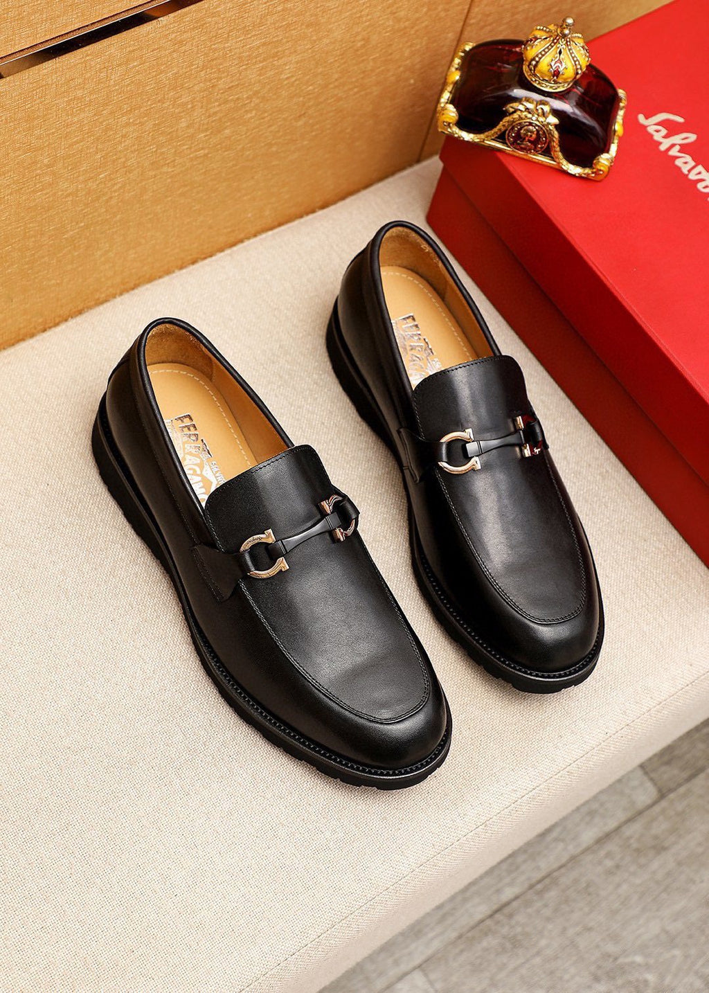 Ferragamo Black Buckle Loafers — hero