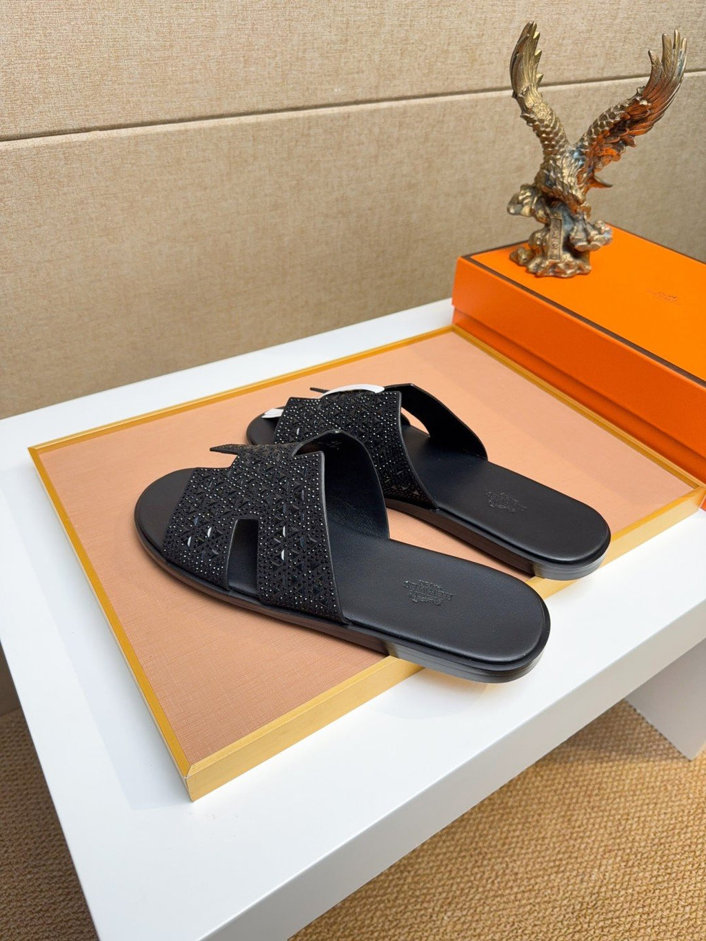 Hermès Black Perforated H-Strap Slide Sandals — hero