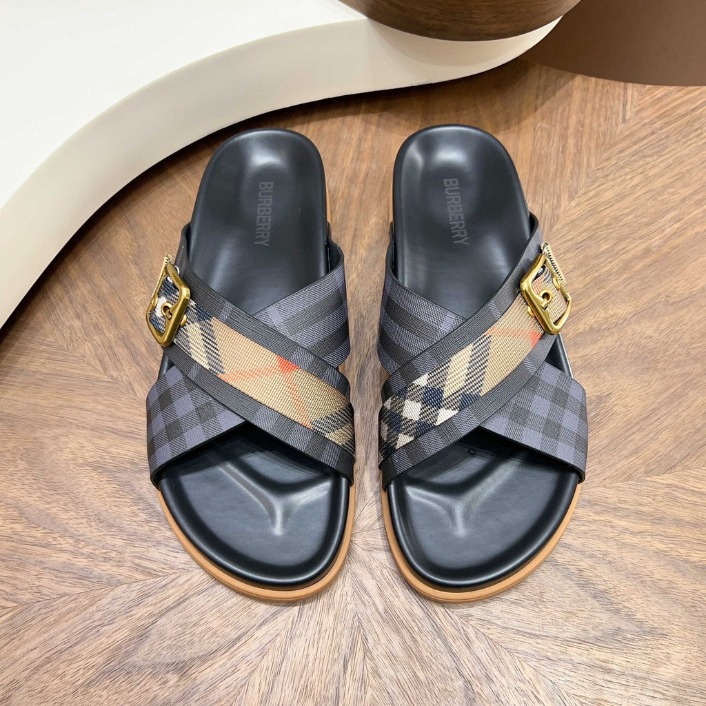 Burberry Charcoal Check Buckle Slide Sandals — hero