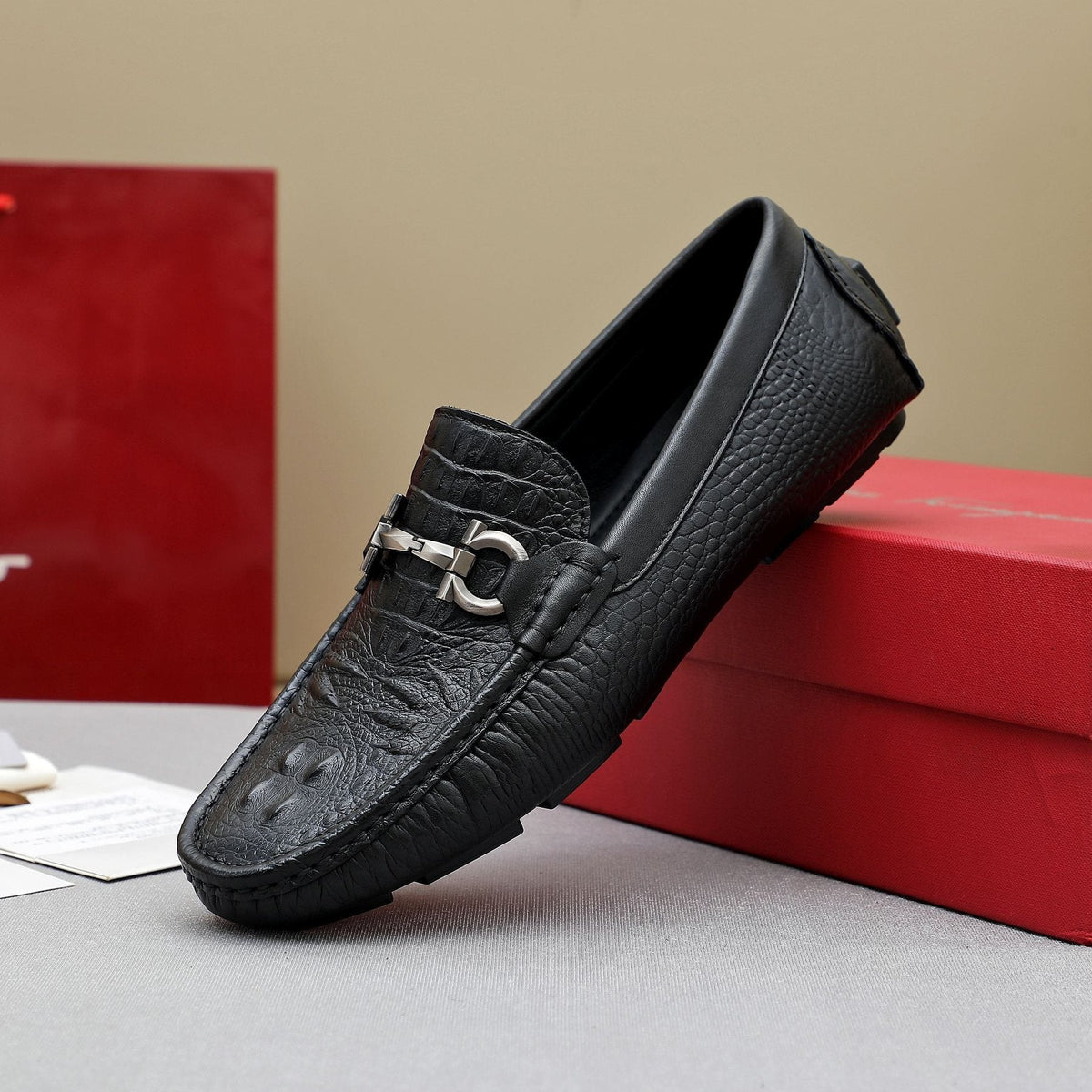 Ferragamo Black Textured Loafers — side