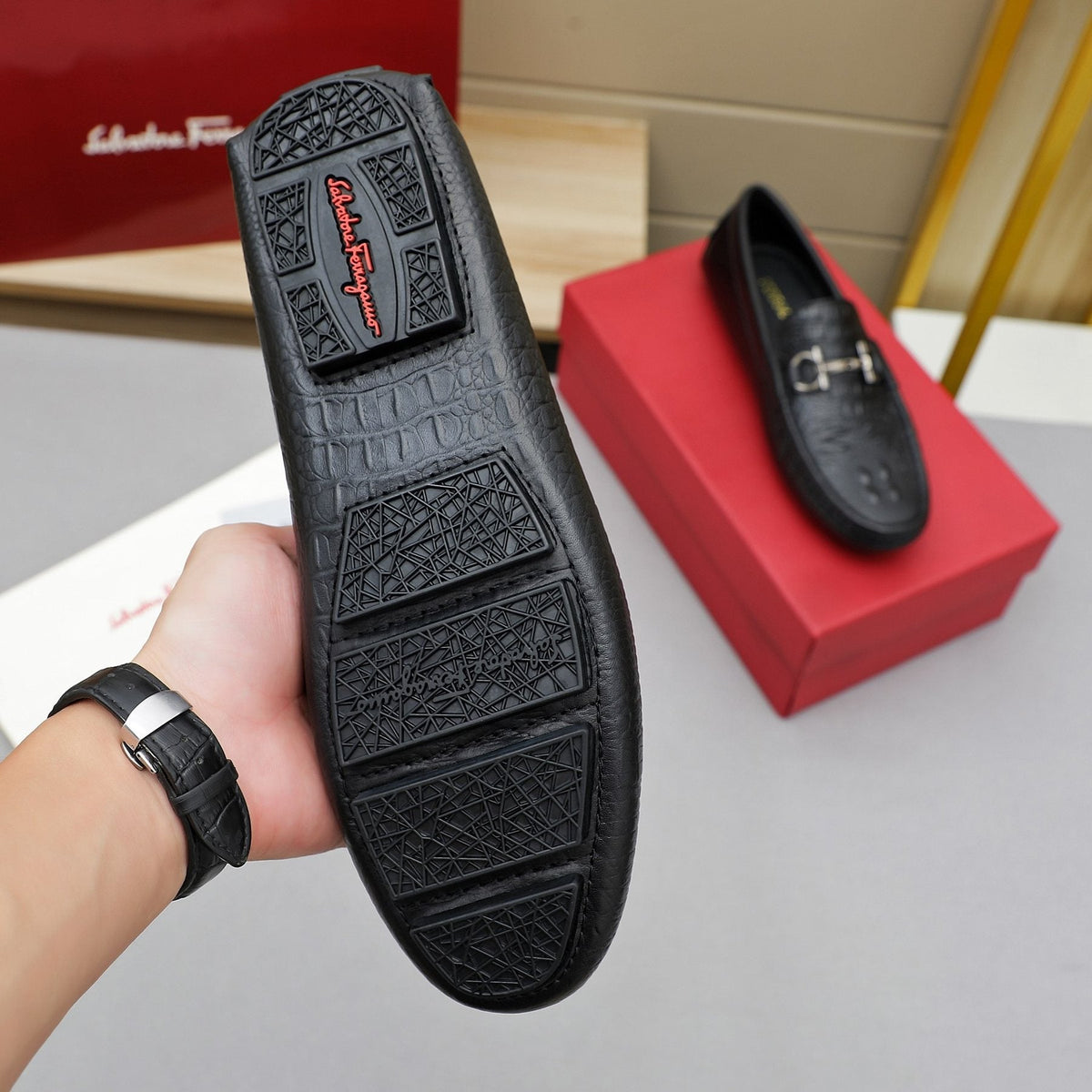 Ferragamo Black Textured Loafers — back