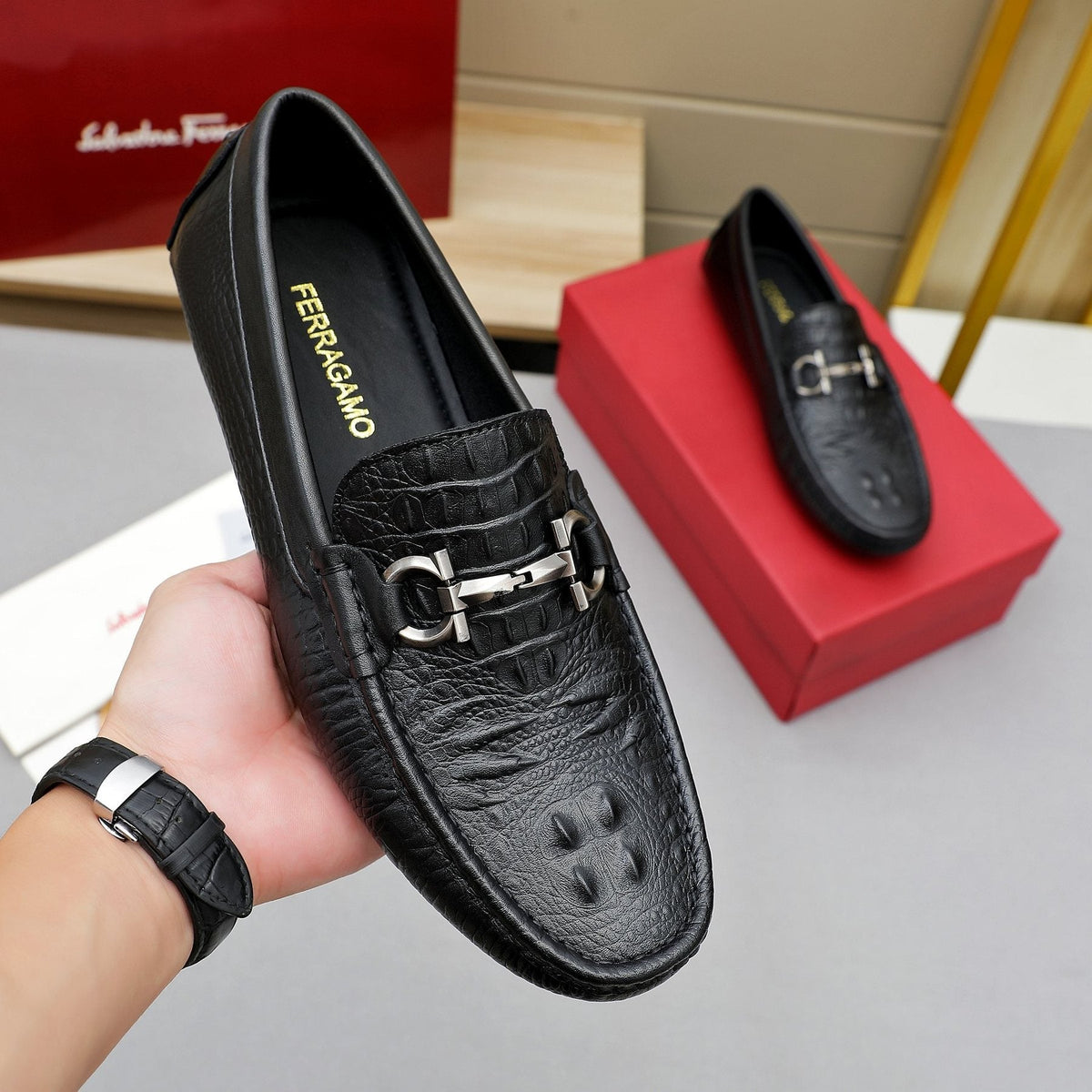 Ferragamo Black Textured Loafers — model