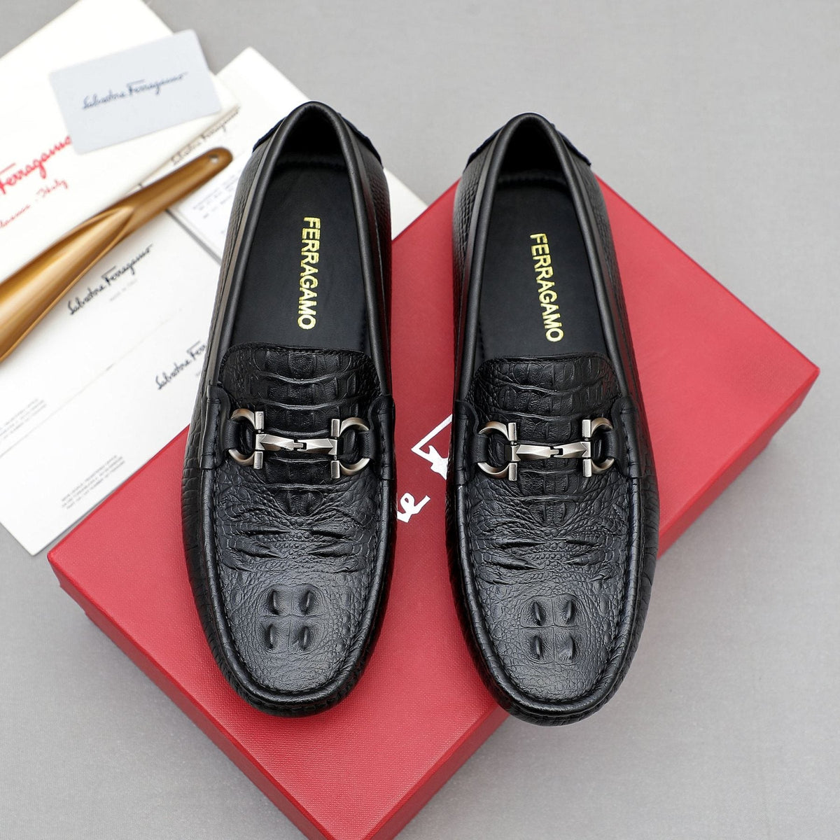Ferragamo Black Textured Loafers — front