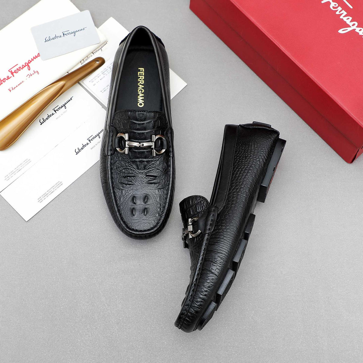 Ferragamo Black Textured Loafers — front
