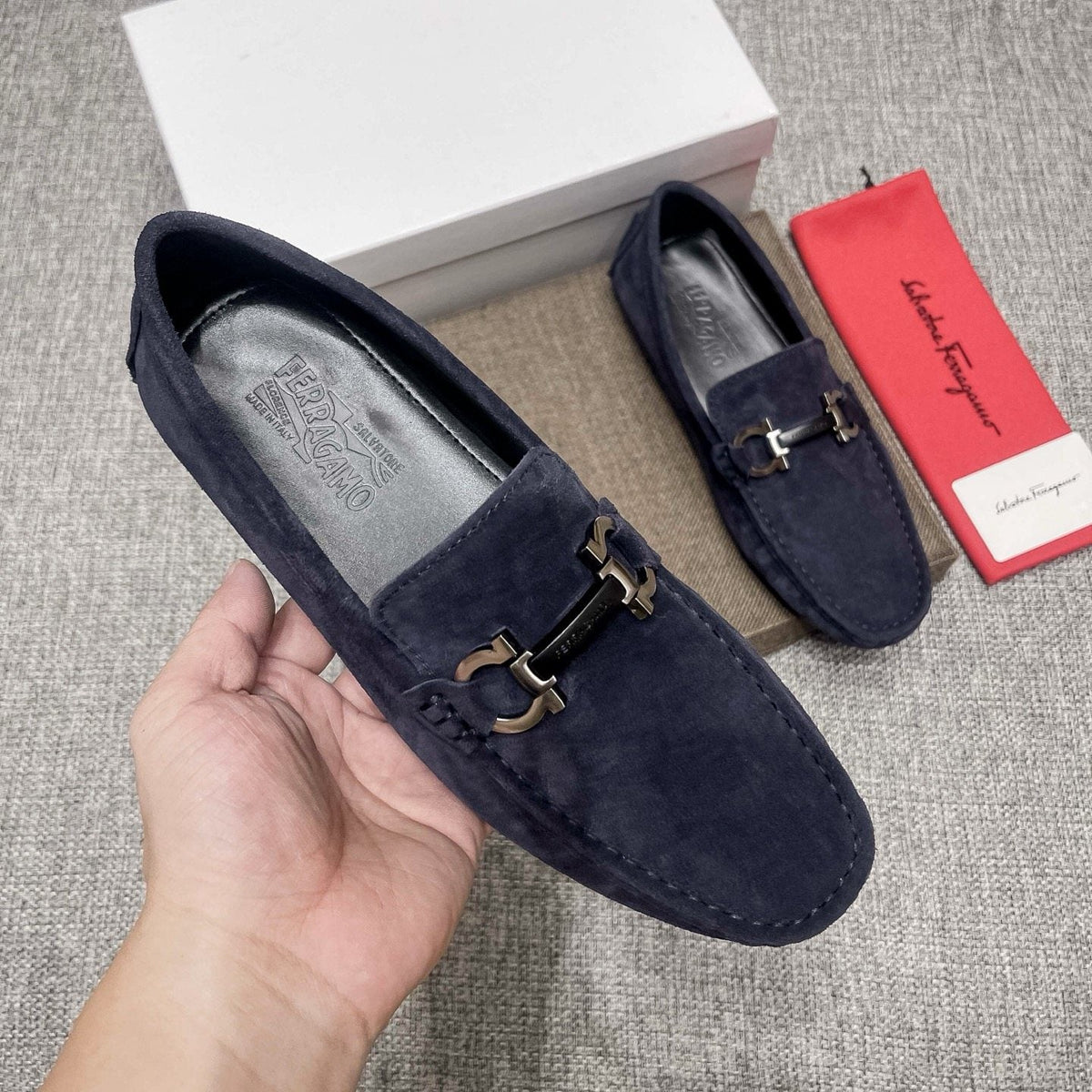 Ferragamo Navy Blue Bit Loafers — model