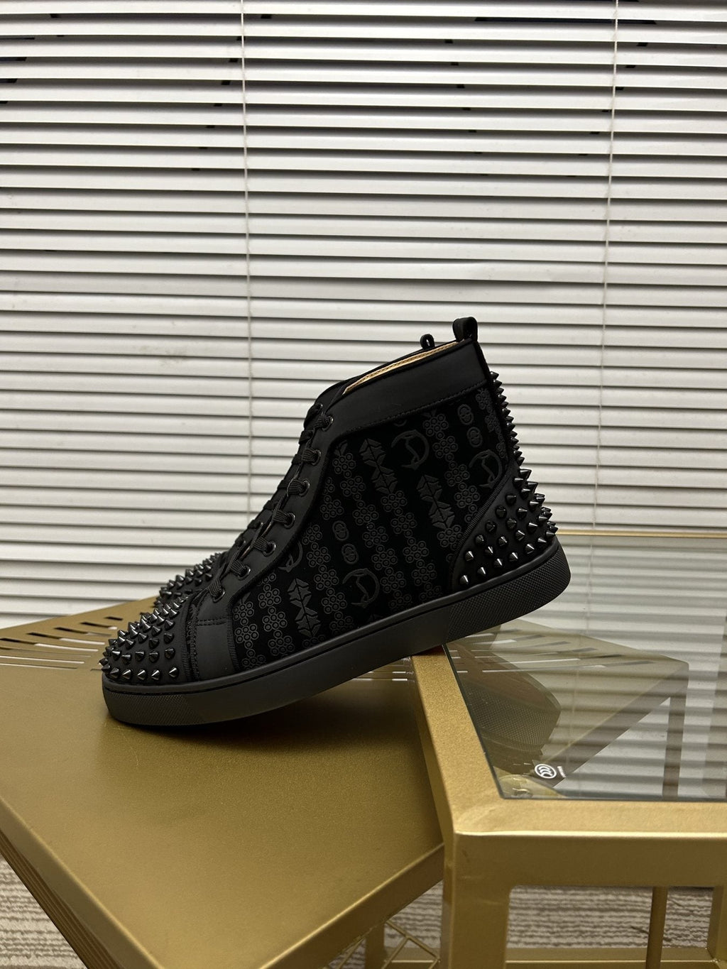 Christian Louboutin Black Studded High-Top Sneakers — side