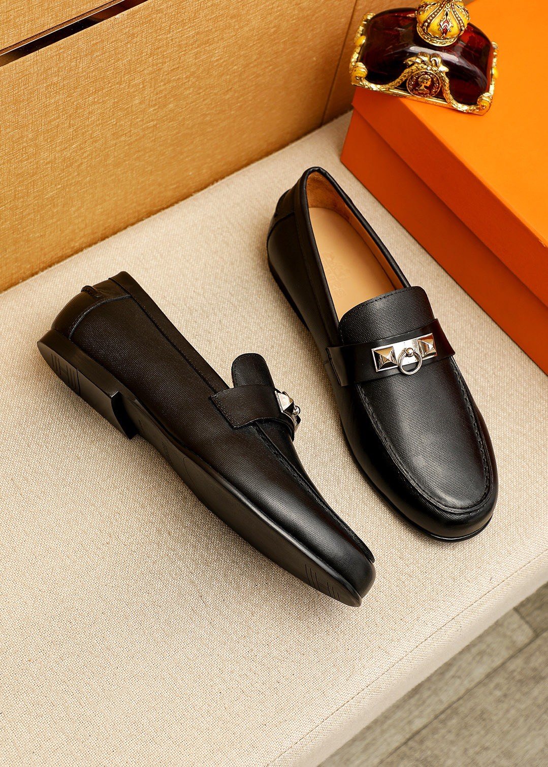Hermes Black Leather Hardware Loafers — front