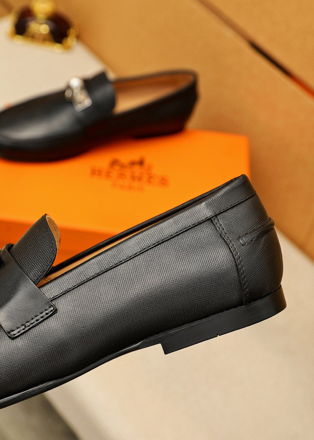 Hermes Black Leather Hardware Loafers — detail