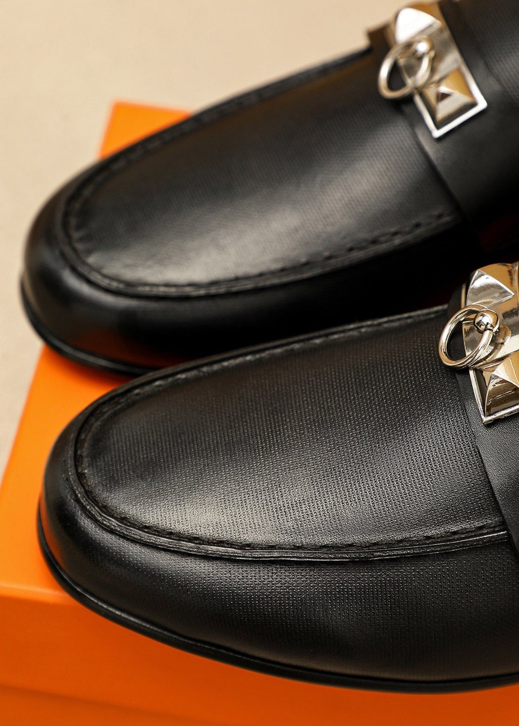 Hermes Black Leather Hardware Loafers — detail