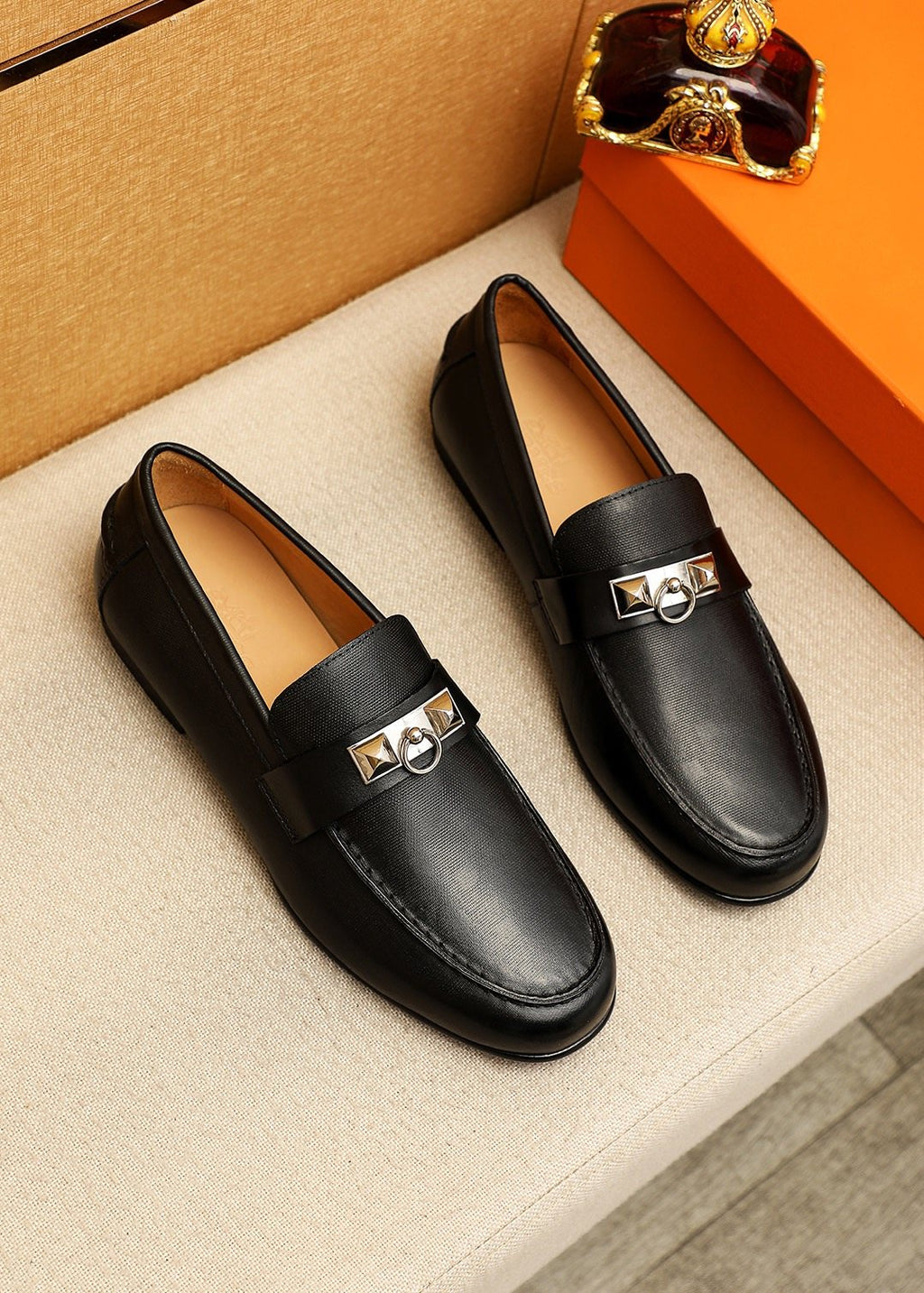 Hermes Black Leather Hardware Loafers — hero