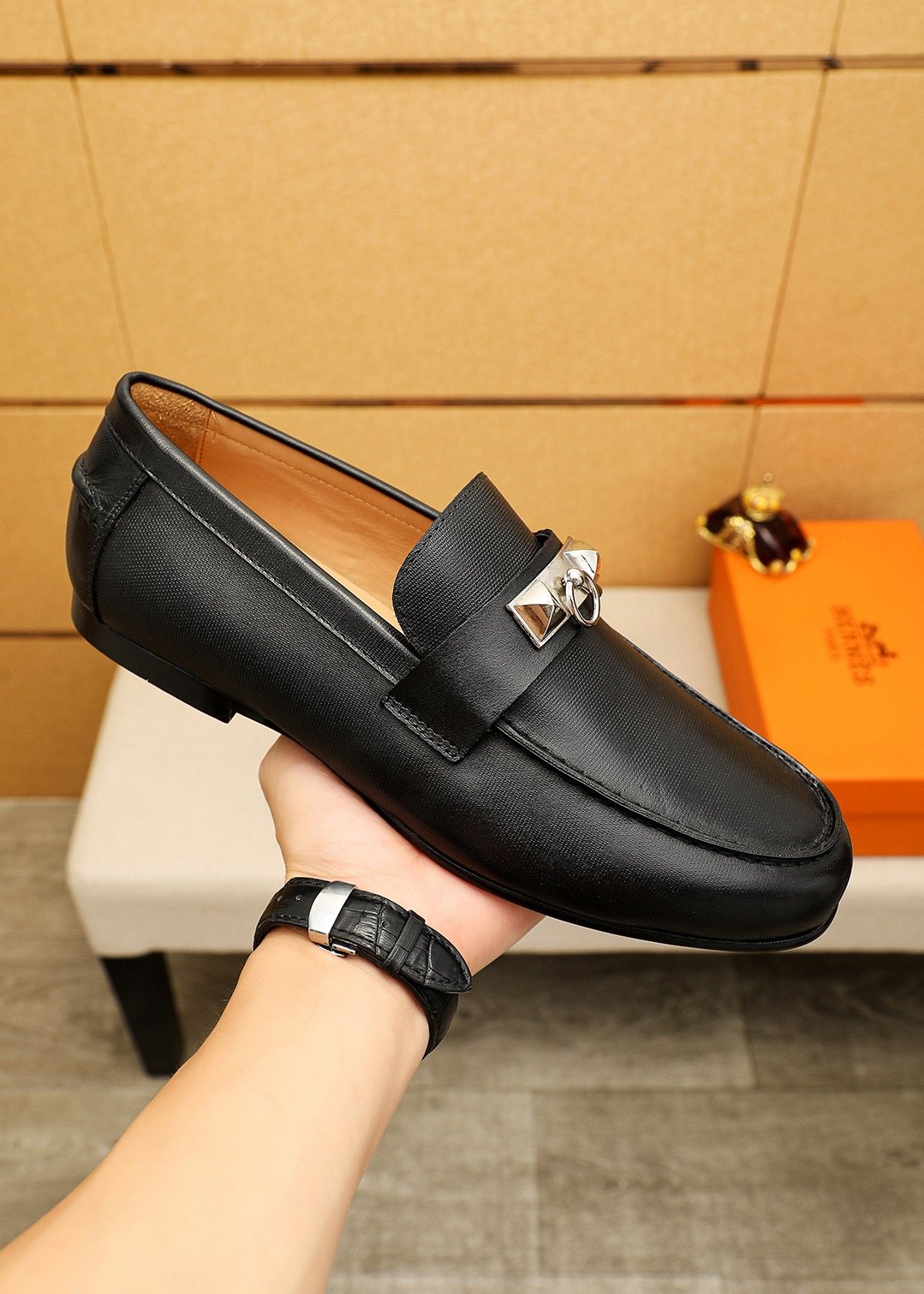 Hermes Black Leather Hardware Loafers — model