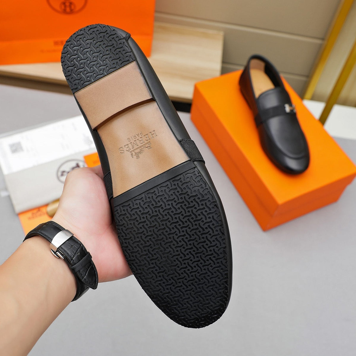 Hermès Black H-Hardware Slip-On Loafers — side