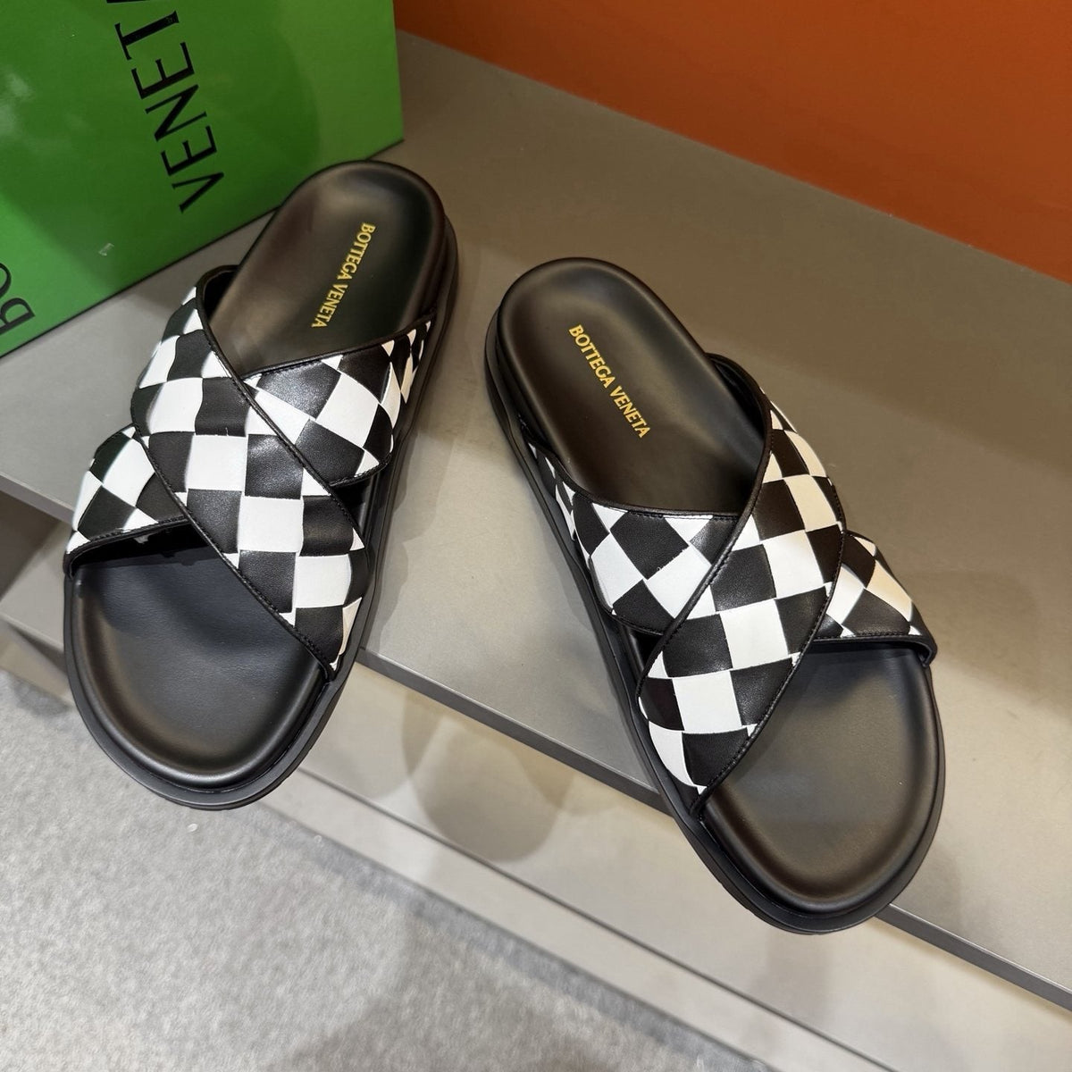 Bottega Veneta Woven Checkerboard Slide Sandals — front
