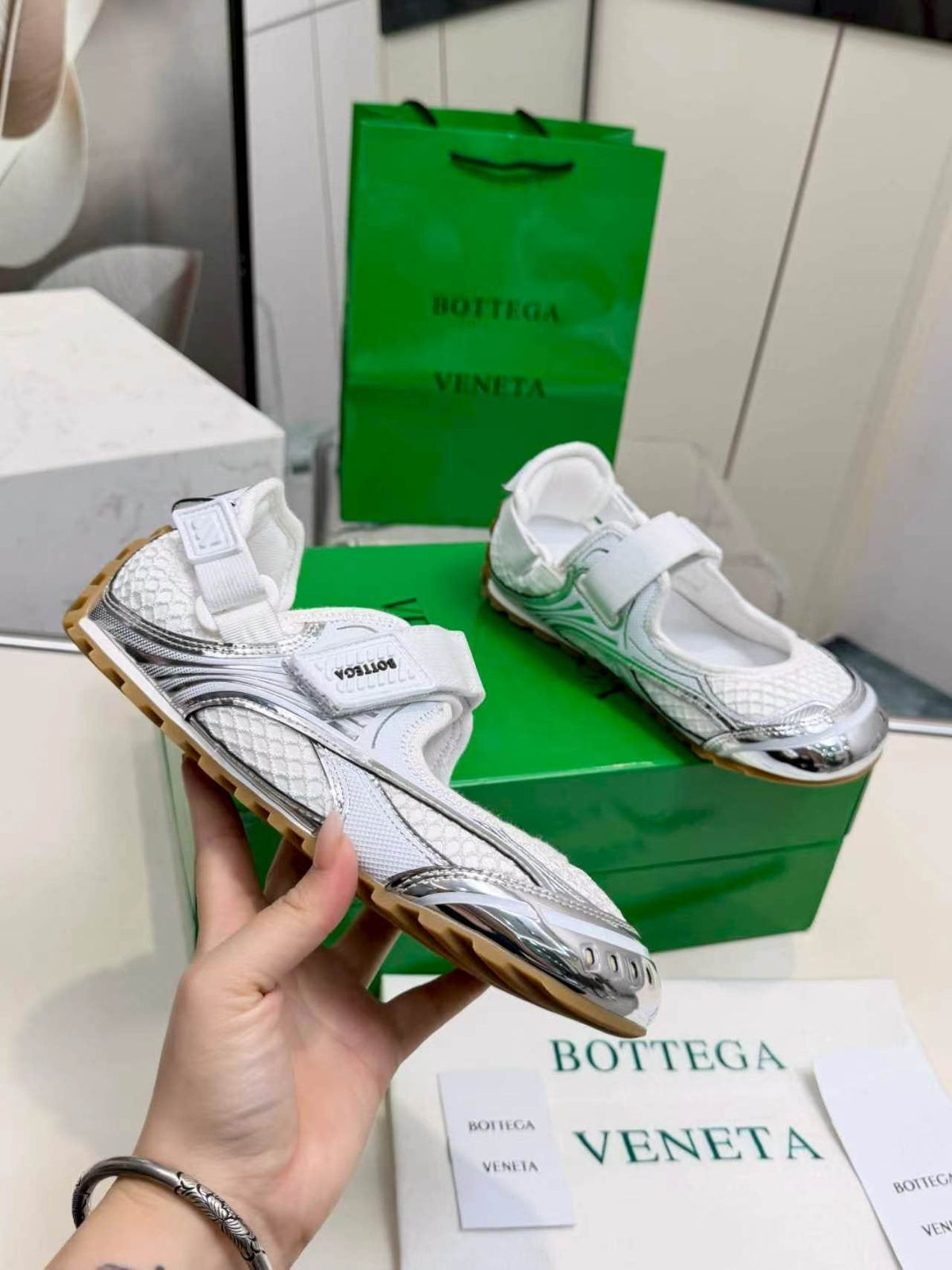 Bottega Veneta White Mesh Strap Sneakers — model