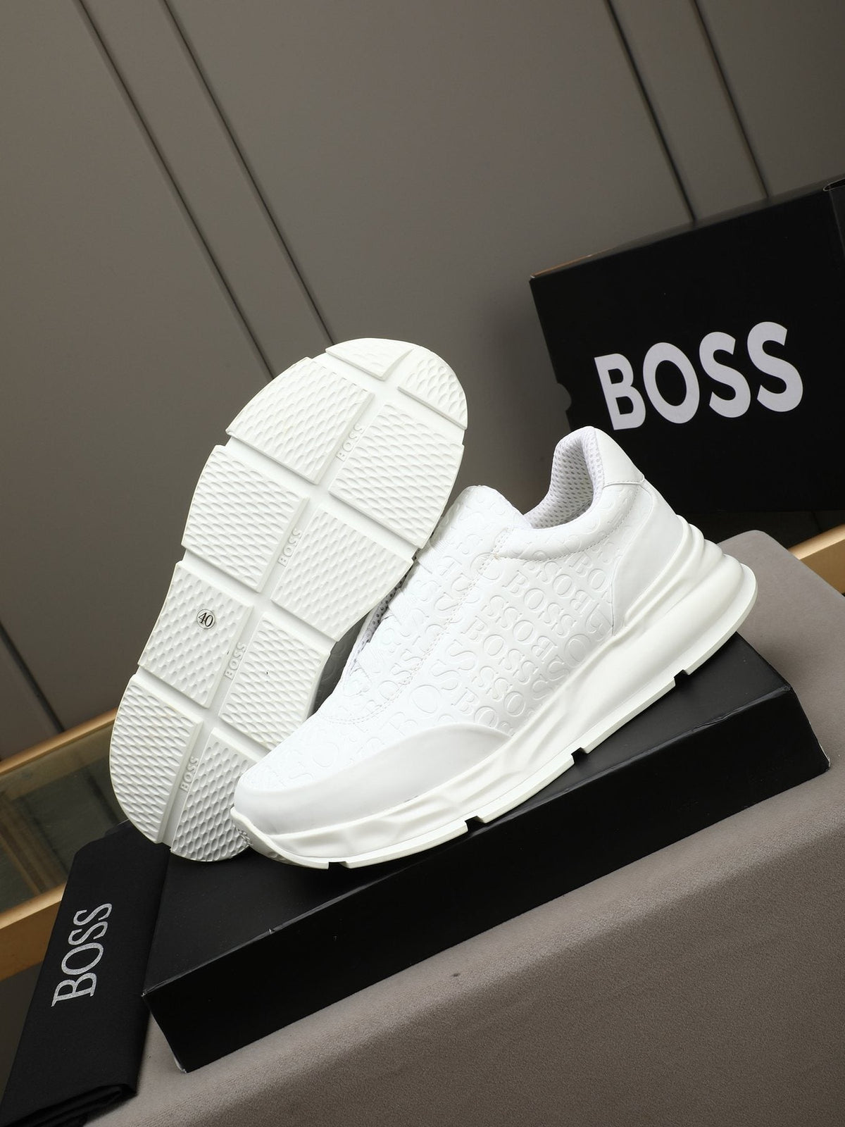 BOSS White Embossed Low-Top Sneakers — side