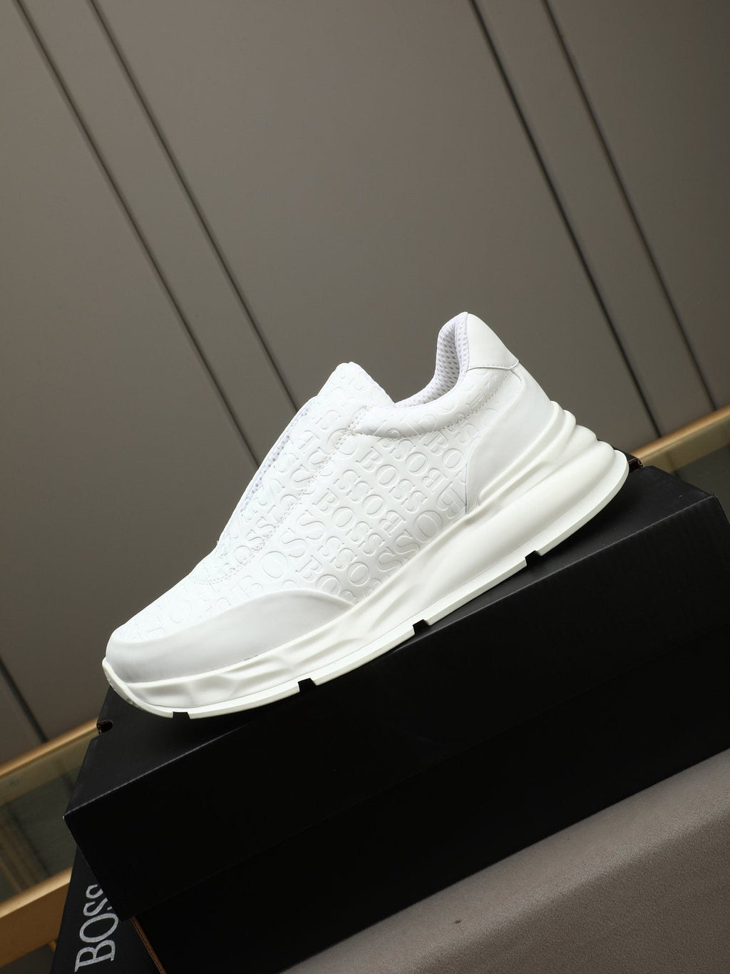 BOSS White Embossed Low-Top Sneakers — side