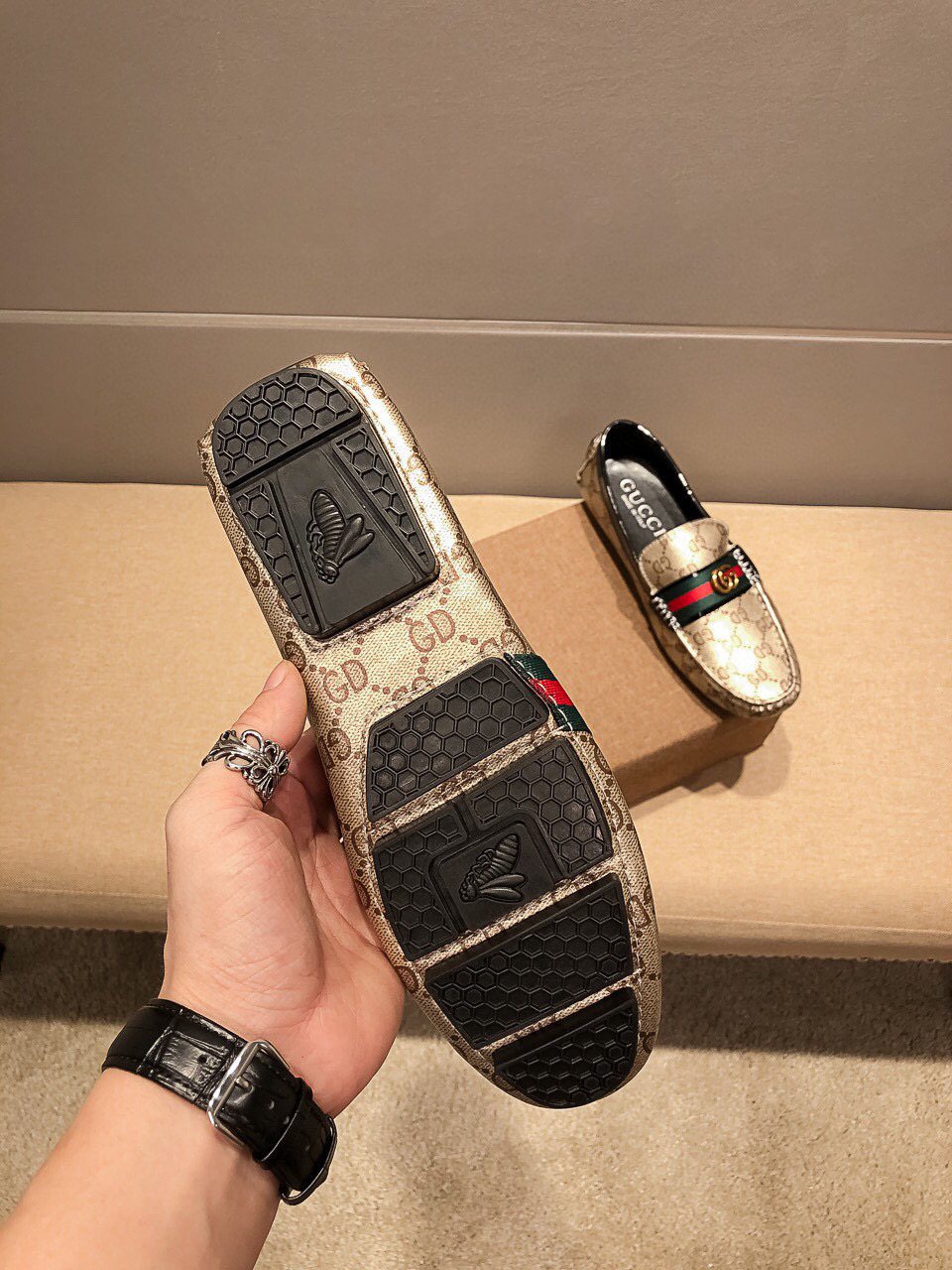 Gucci Beige Web Loafers — detail