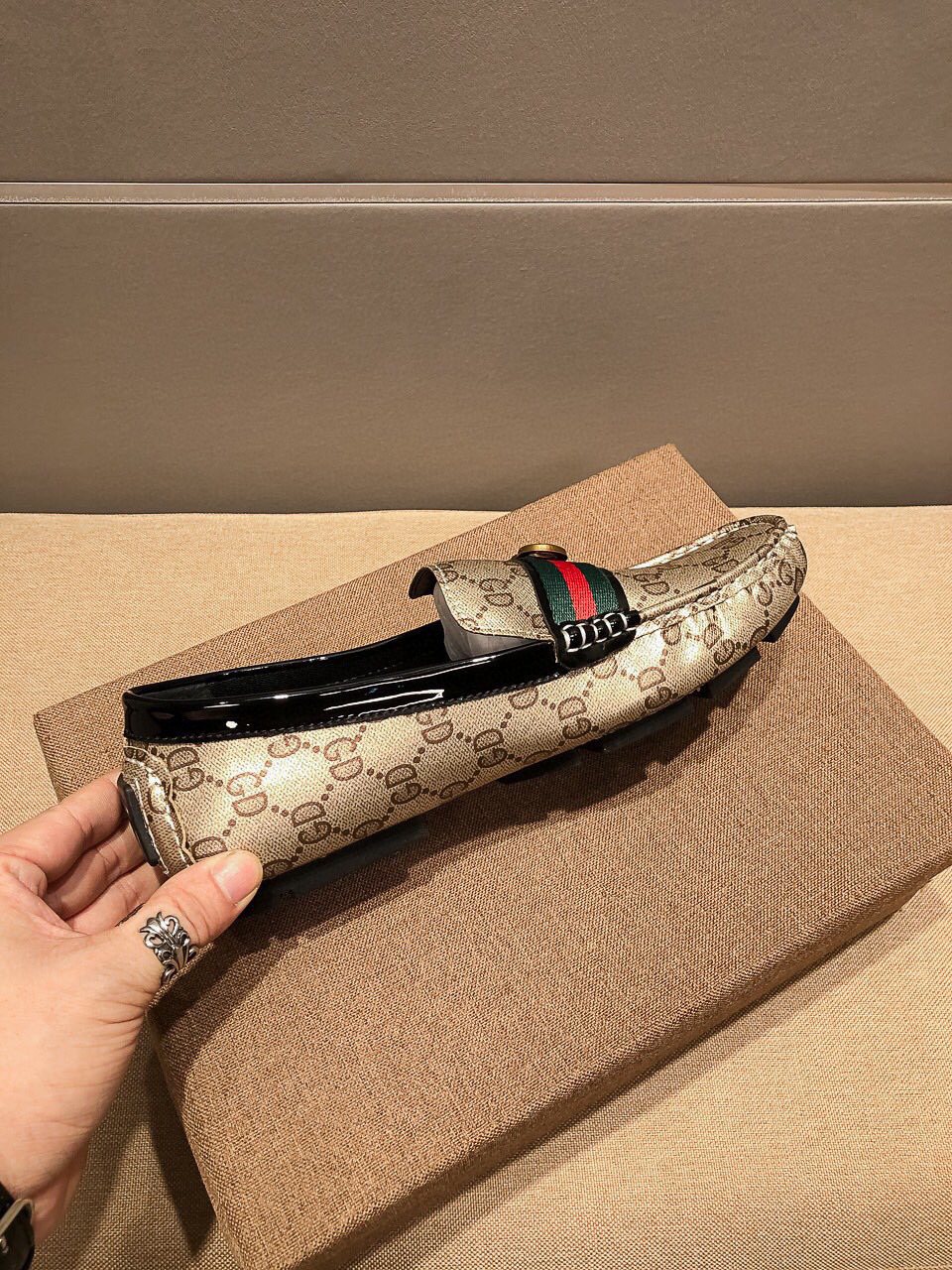 Gucci Beige Web Loafers — side