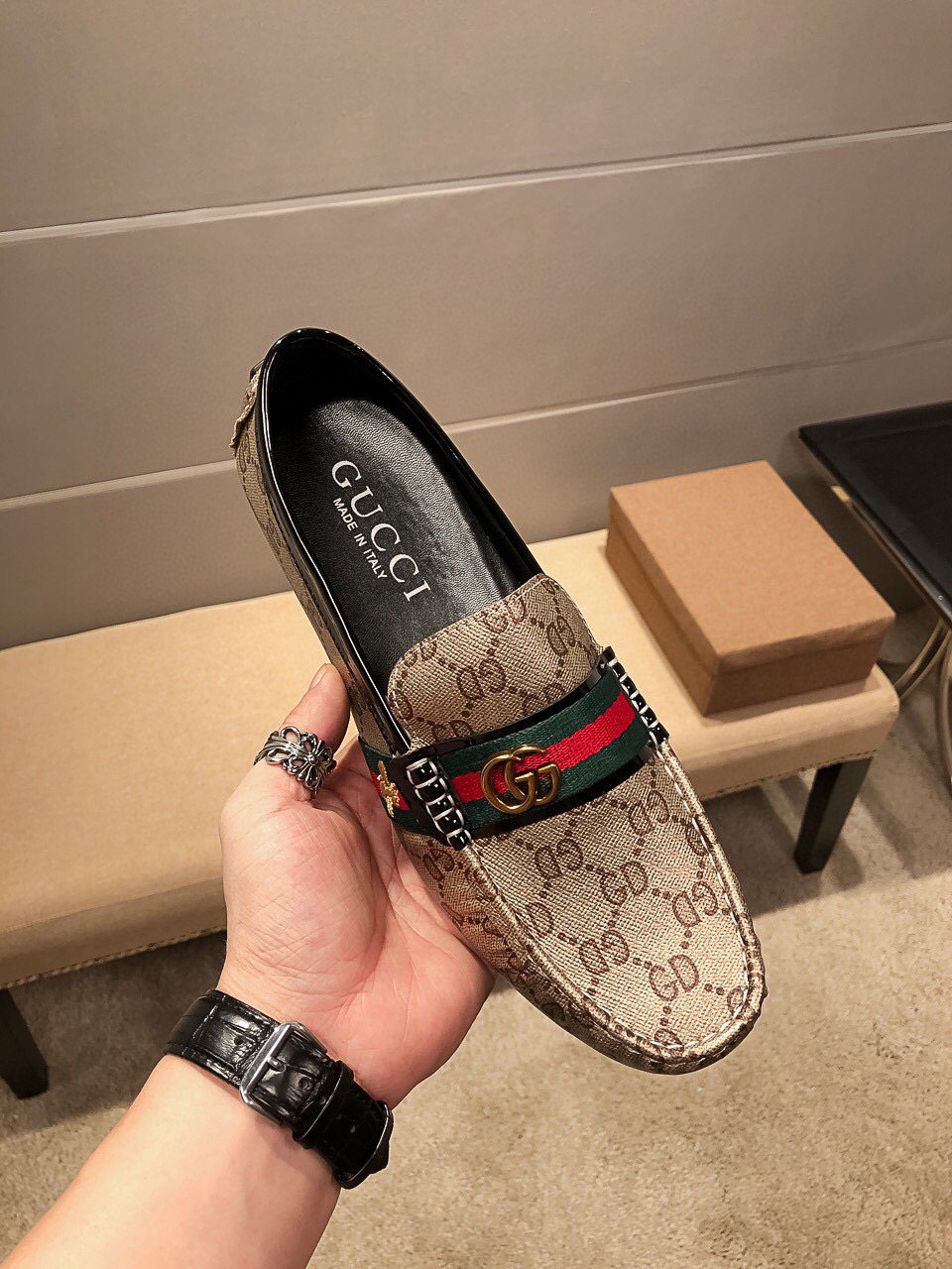 Gucci Beige Web Loafers — front