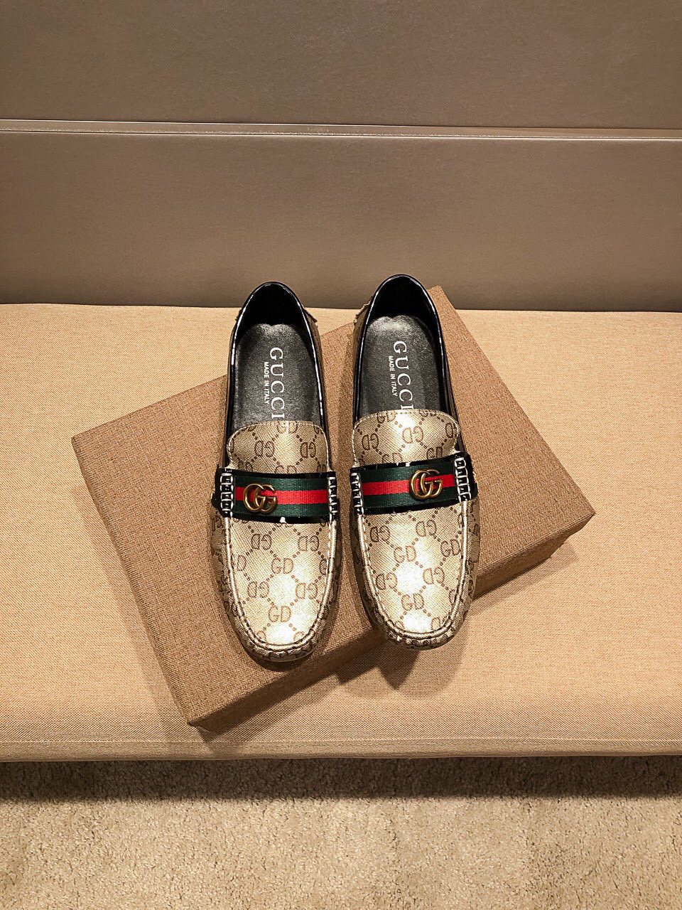 Gucci Beige Web Loafers — hero