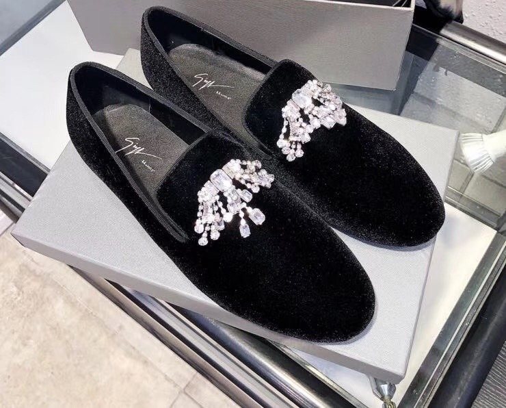 Giuseppe Zanotti Black Crystal Velvet Slip-On Shoes — hero