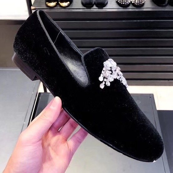 Giuseppe Zanotti Black Crystal Velvet Slip-On Shoes — front