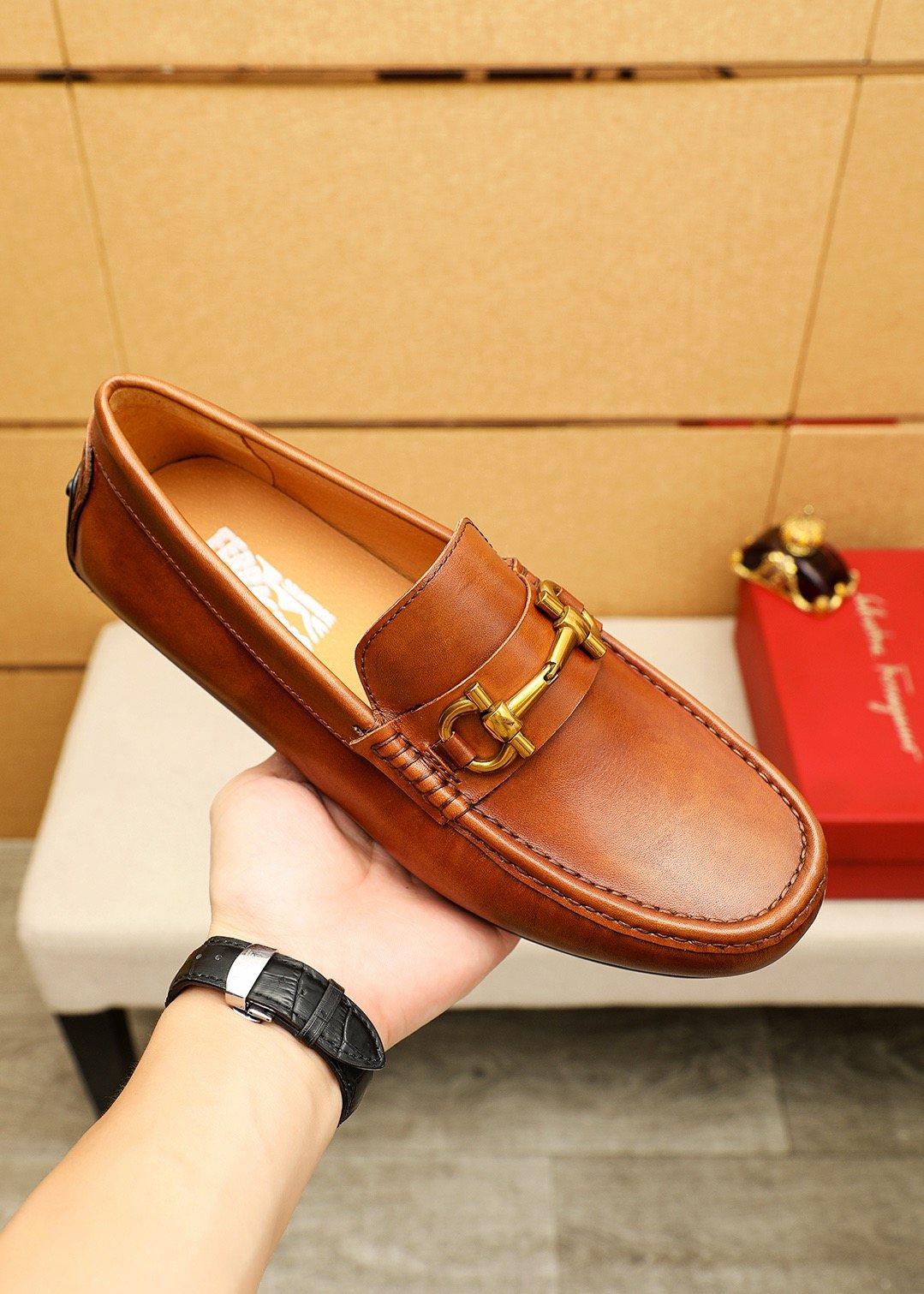 Ferragamo Brown Bit Loafers — model