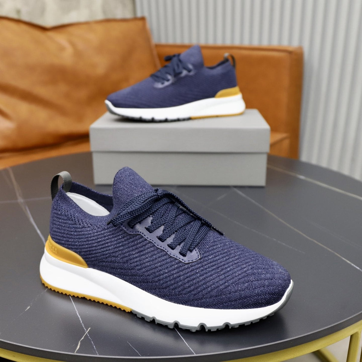 Brunello Cucinelli Navy Textured Sneakers — side