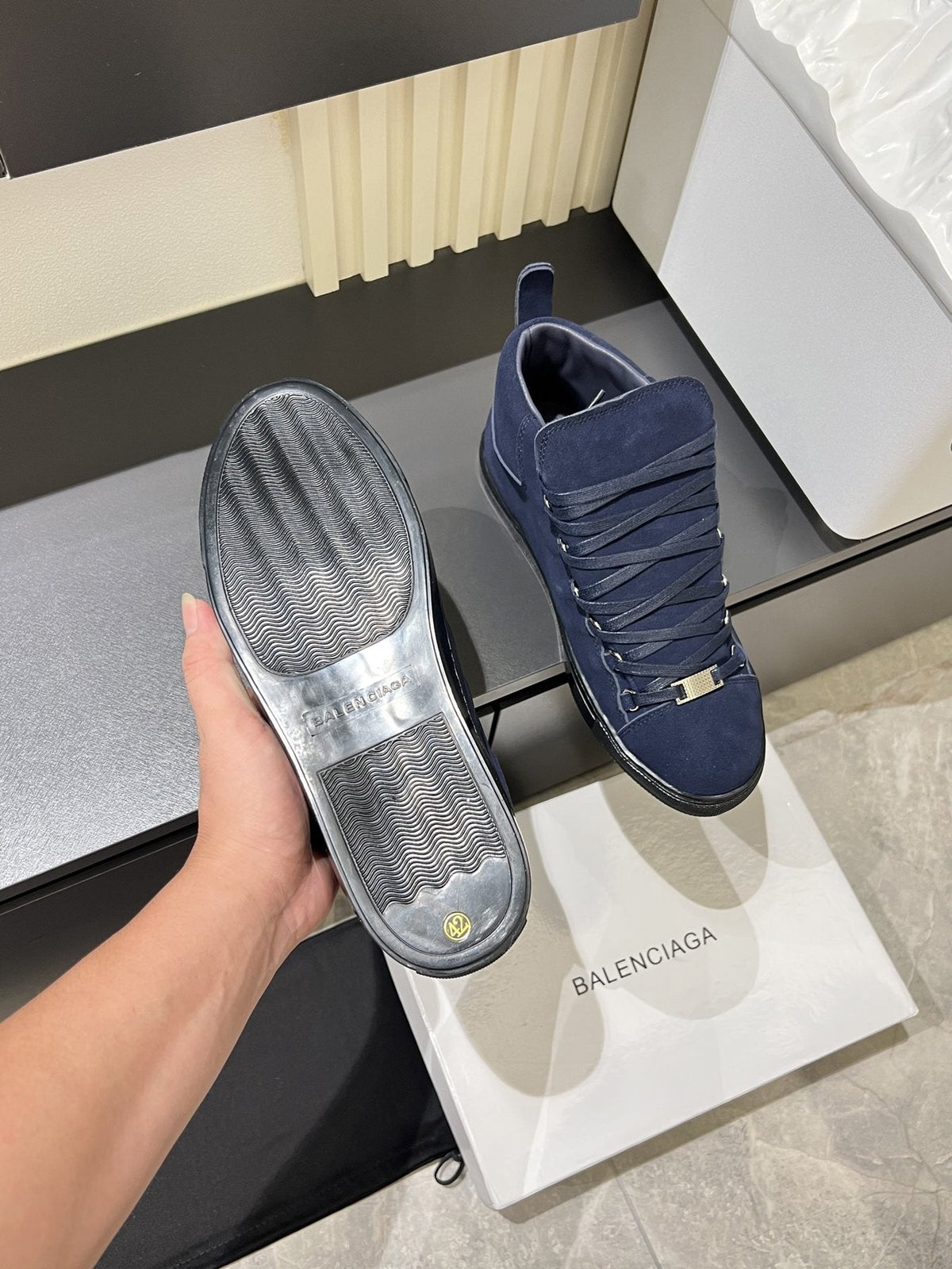 Balenciaga Navy Blue Lace-Up High-Top Sneakers — detail