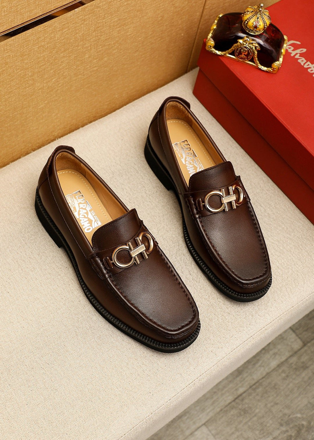 Ferragamo Dark Brown Metal-Bit Loafers — hero