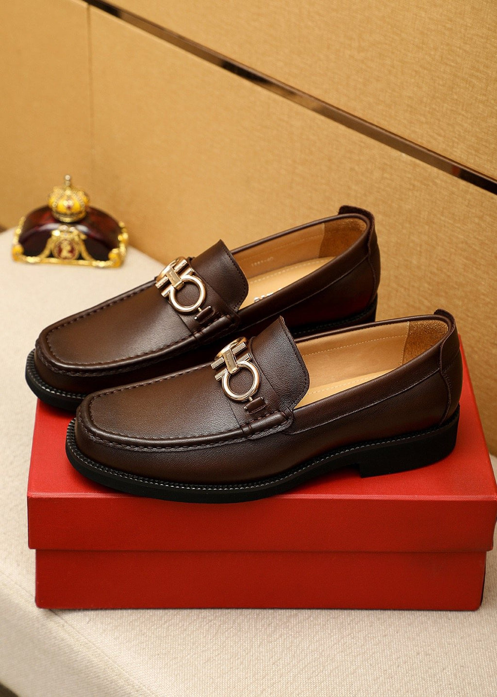 Ferragamo Dark Brown Metal-Bit Loafers — front