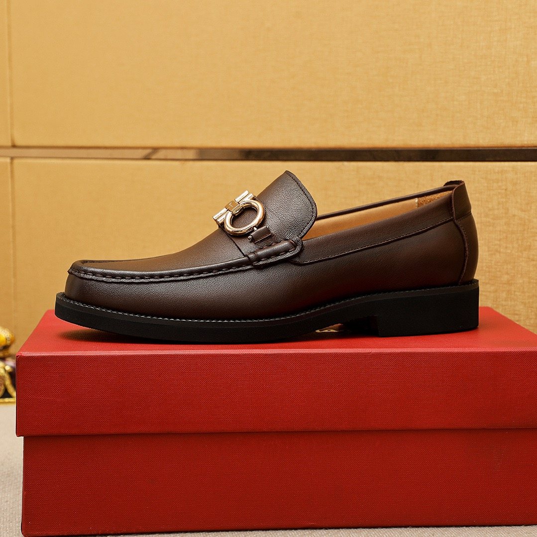 Ferragamo Dark Brown Metal-Bit Loafers — side