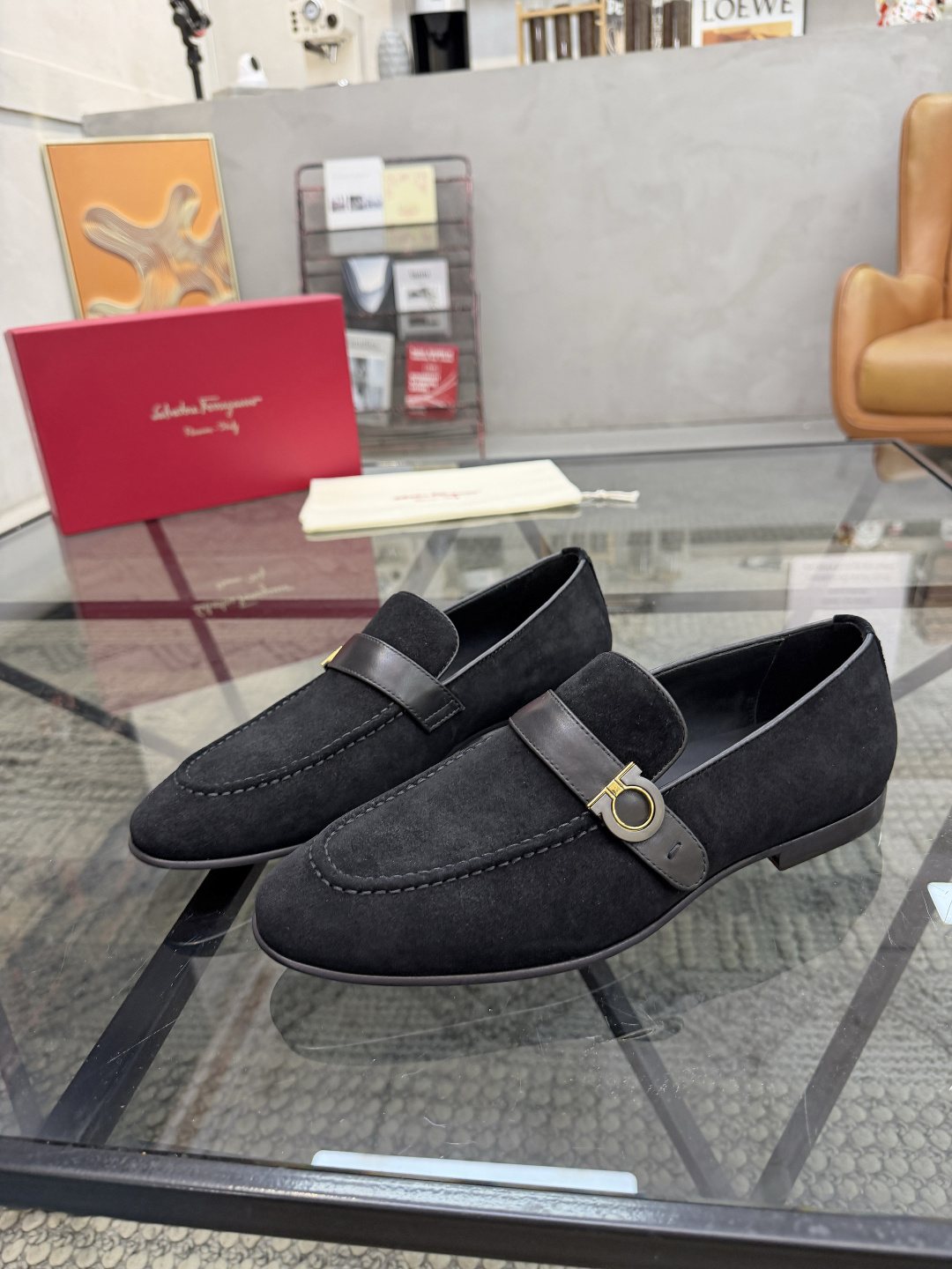 Gold-Hardware Suede Slip-On Loafers — front