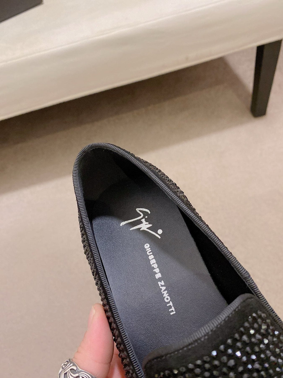 Giuseppe Zanotti Black Rhinestone Loafers — label