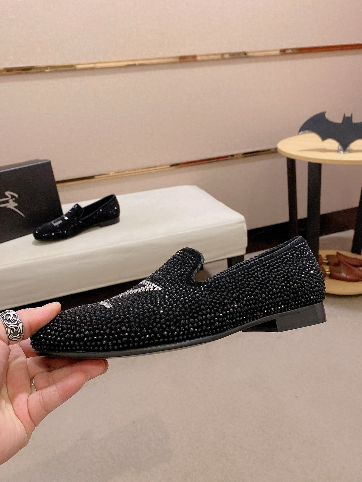 Giuseppe Zanotti Black Rhinestone Loafers — side