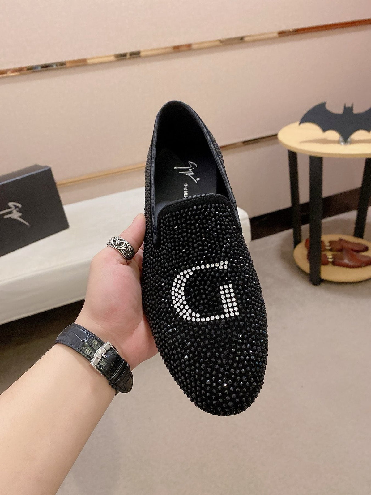 Giuseppe Zanotti Black Rhinestone Loafers — front