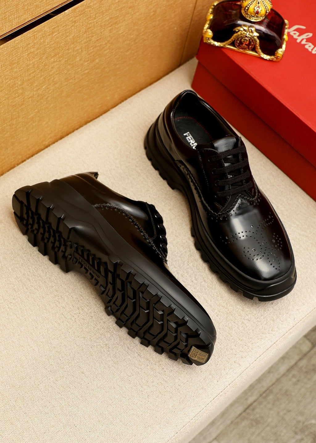 Ferragamo Black Perforated Lace-Up Shoes — side