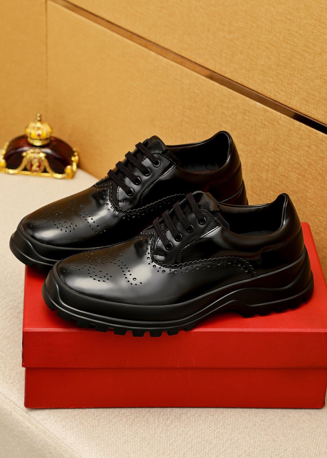 Ferragamo Black Perforated Lace-Up Shoes — front