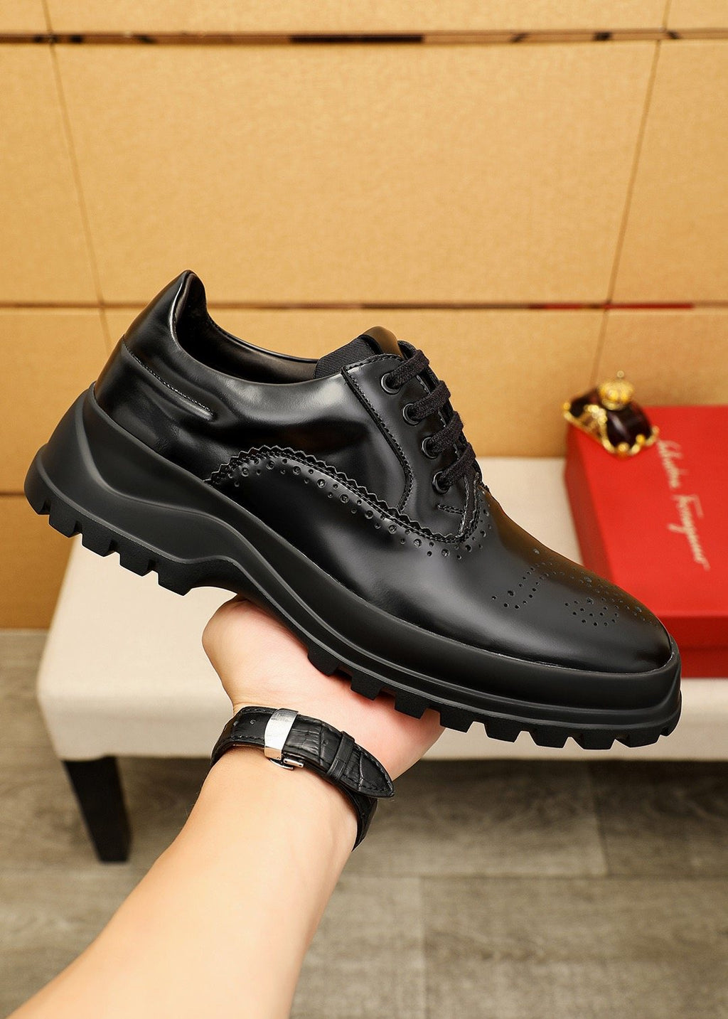 Ferragamo Black Perforated Lace-Up Shoes — model