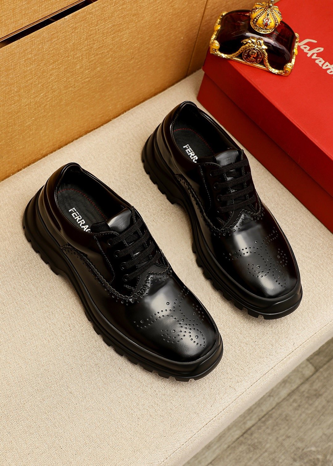 Ferragamo Black Perforated Lace-Up Shoes — front