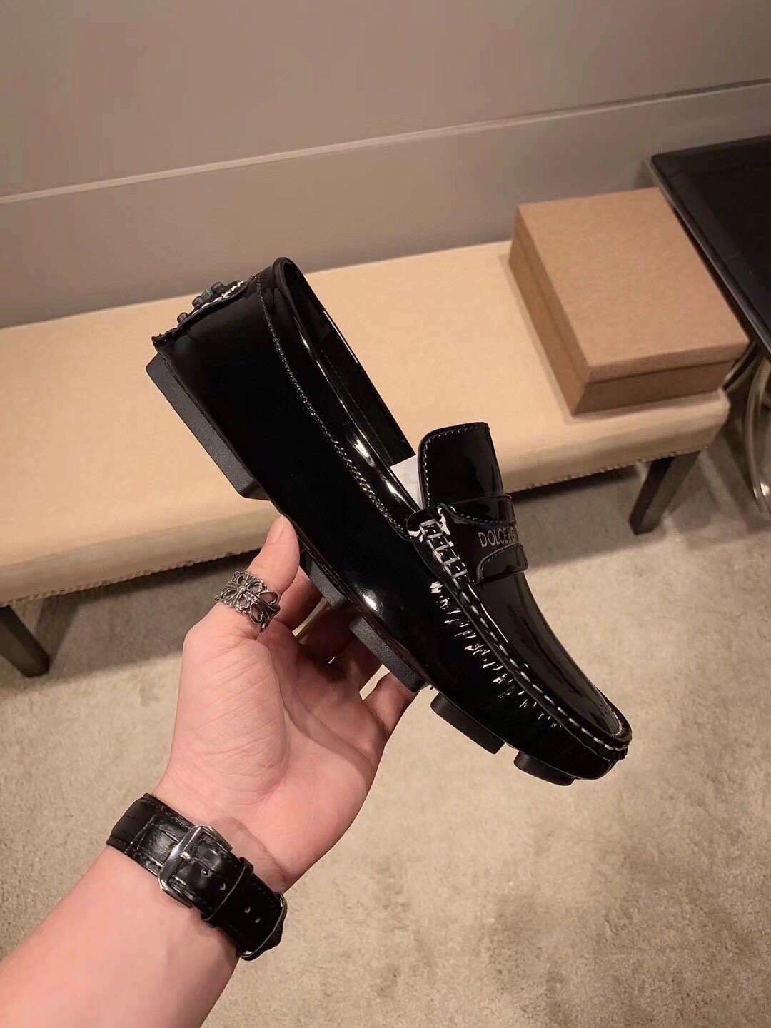 Dolce & Gabbana Black Glossy Loafers — side