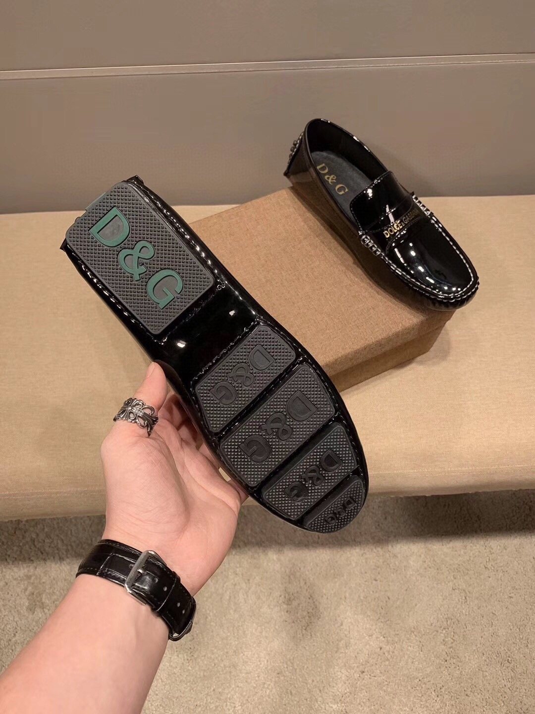Dolce & Gabbana Black Glossy Loafers — side