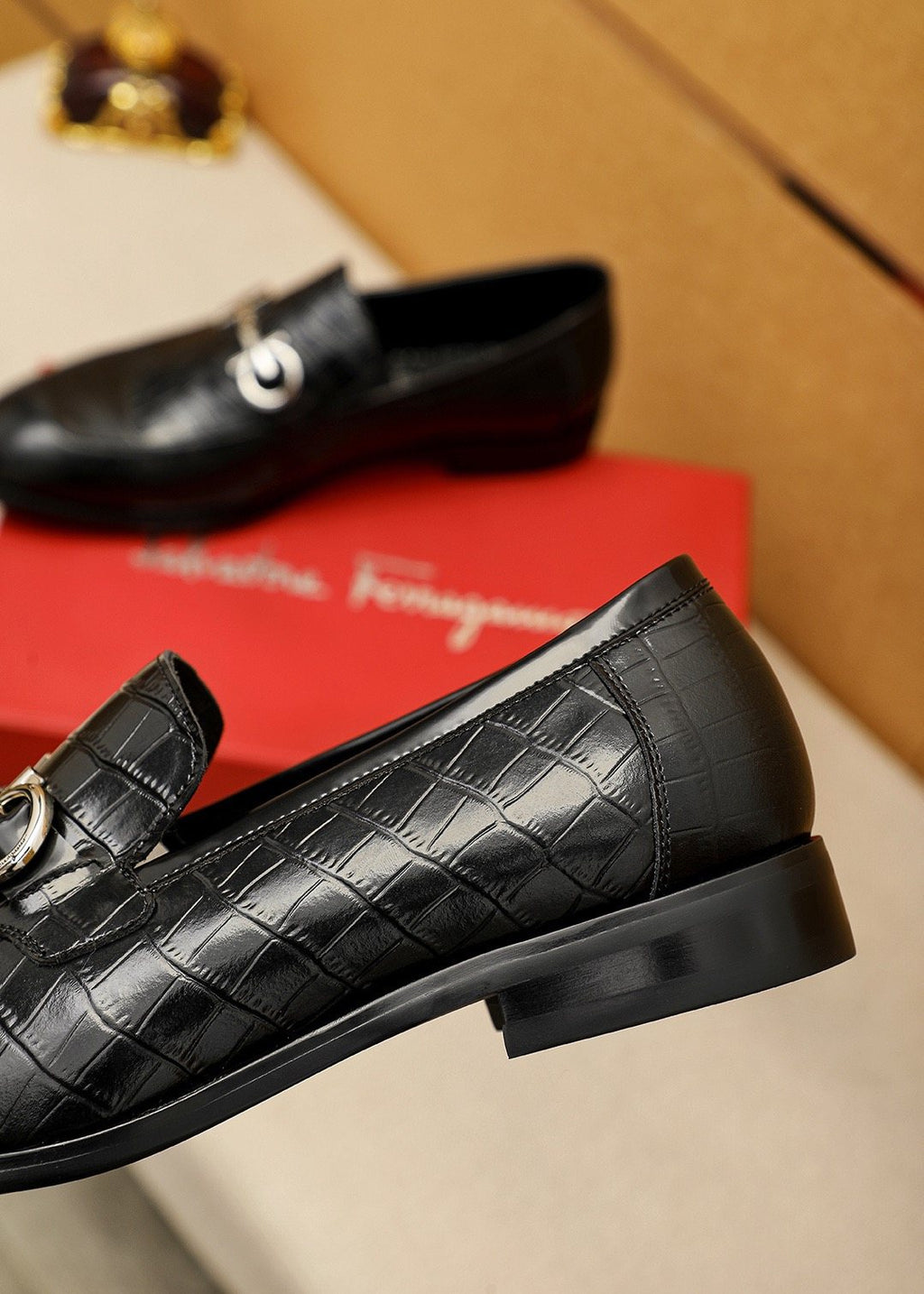 Ferragamo Black Embossed Buckle Loafers — detail