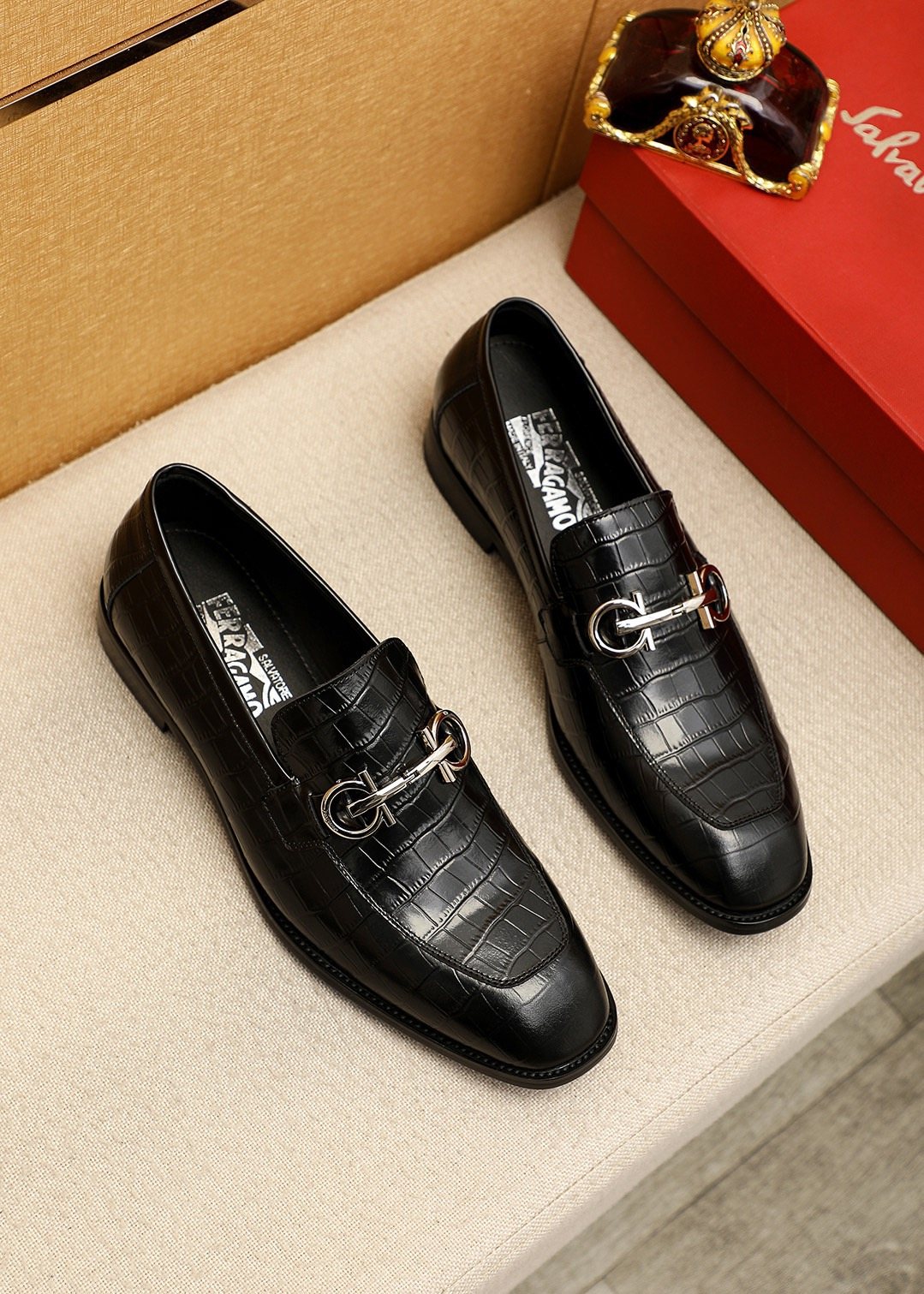 Ferragamo Black Embossed Buckle Loafers — front