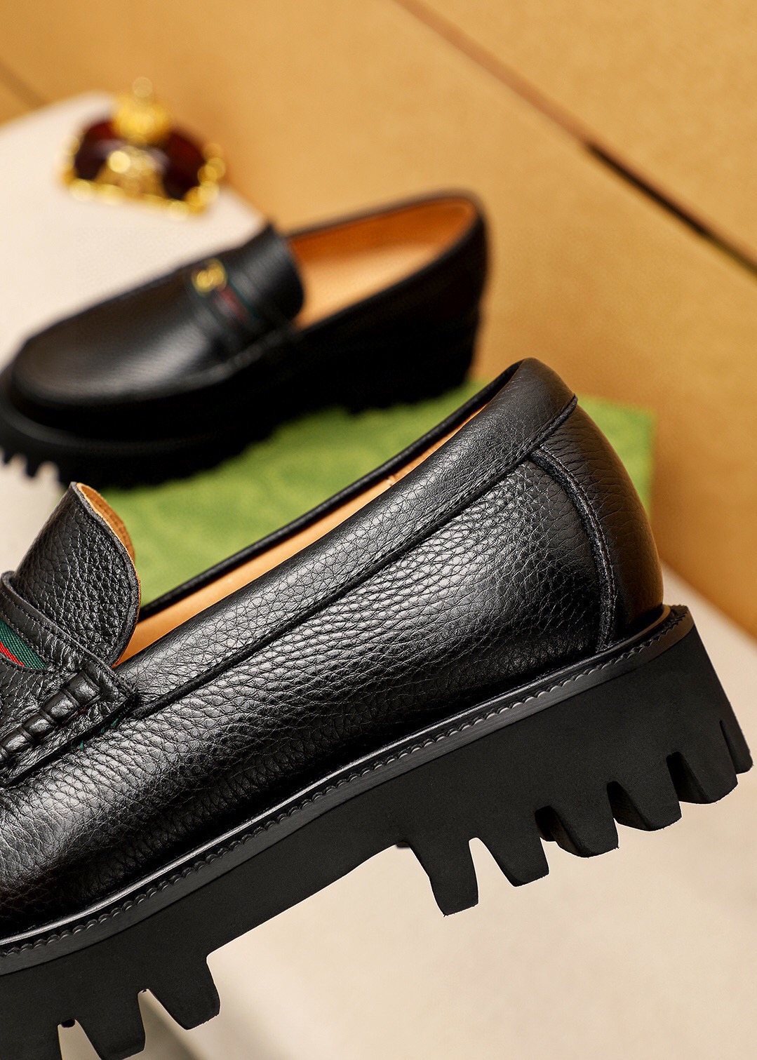GUCCI Black Lug-Sole Loafers — detail