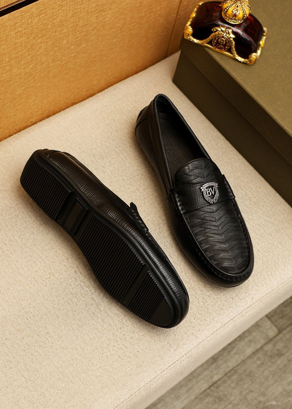 Bottega Veneta Black Textured Slip-On Loafers — front
