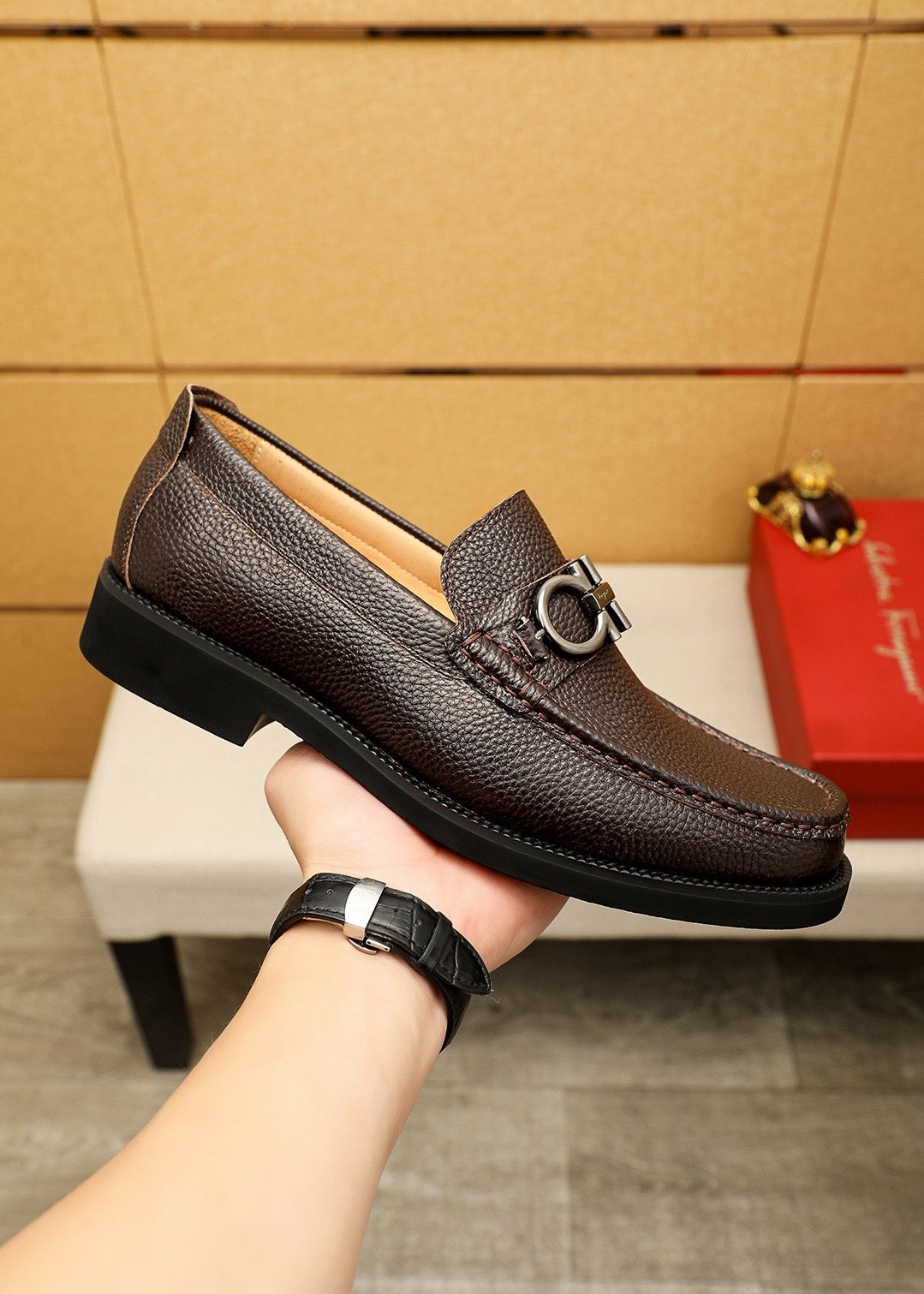Ferragamo Dark Brown Leather Loafers — side