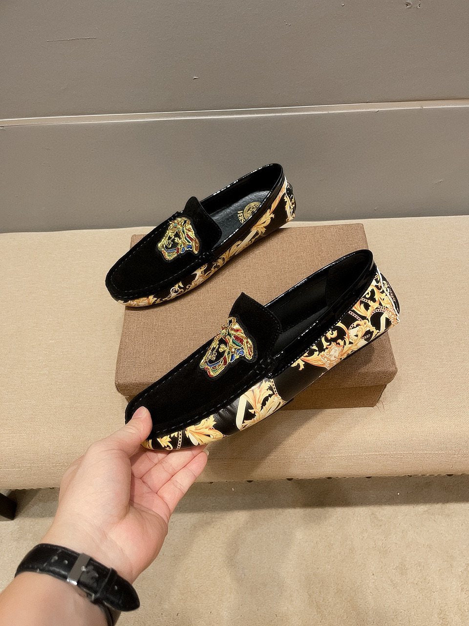 Black Gold Ornamental Slip-On Loafers — front